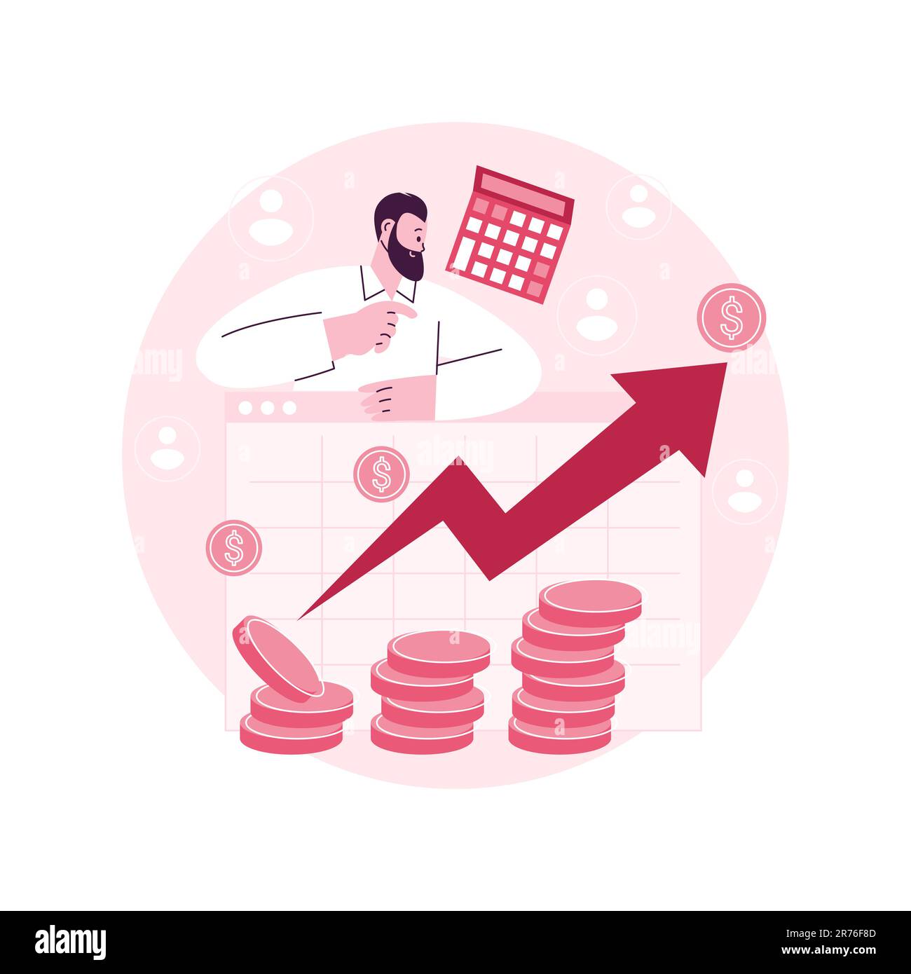 Illustrazione vettoriale del concetto astratto di crescita delle vendite. Piano di profitto, crescita del database dei clienti, responsabile vendite, metodo di promozione, obiettivo di marketing, successo del venditore, valuta la metafora astratta della formula. Illustrazione Vettoriale