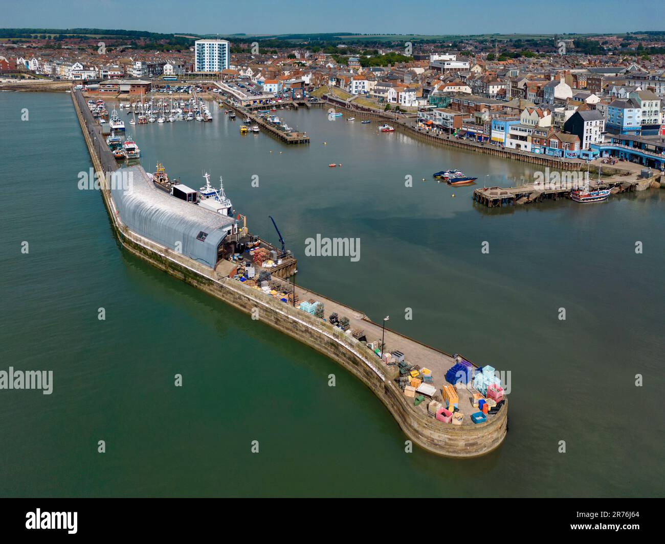 Vista aerea del porto di Bridlington sulla costa del North Yorkshire nel Regno Unito. Foto Stock
