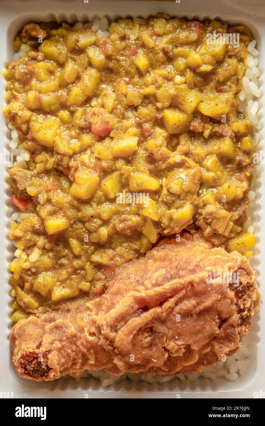 La scatola di bento contiene riso al curry e coscia di pollo. Foto Stock