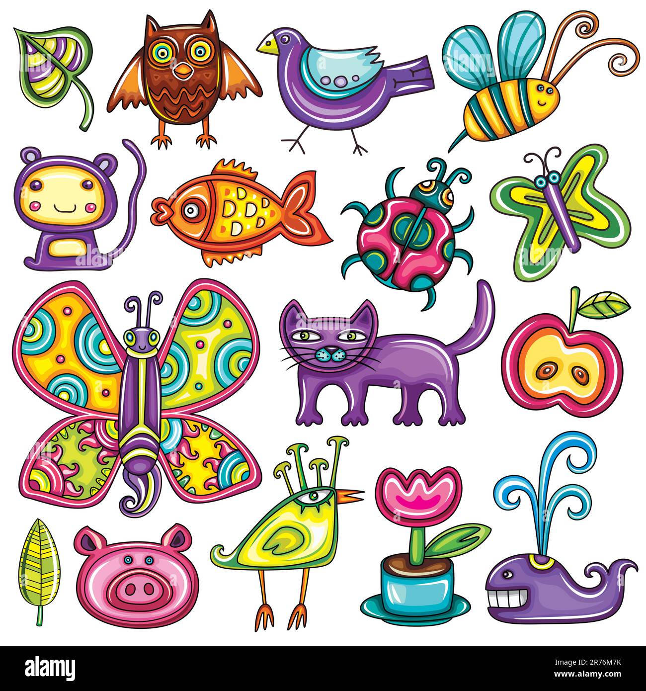 Tema flora e fauna. Set vettoriale di cartoni animati con icone colorate di animali, uccelli e piante. La collezione di Doodle contiene: foglie, gufo, piccione, bumble... Illustrazione Vettoriale