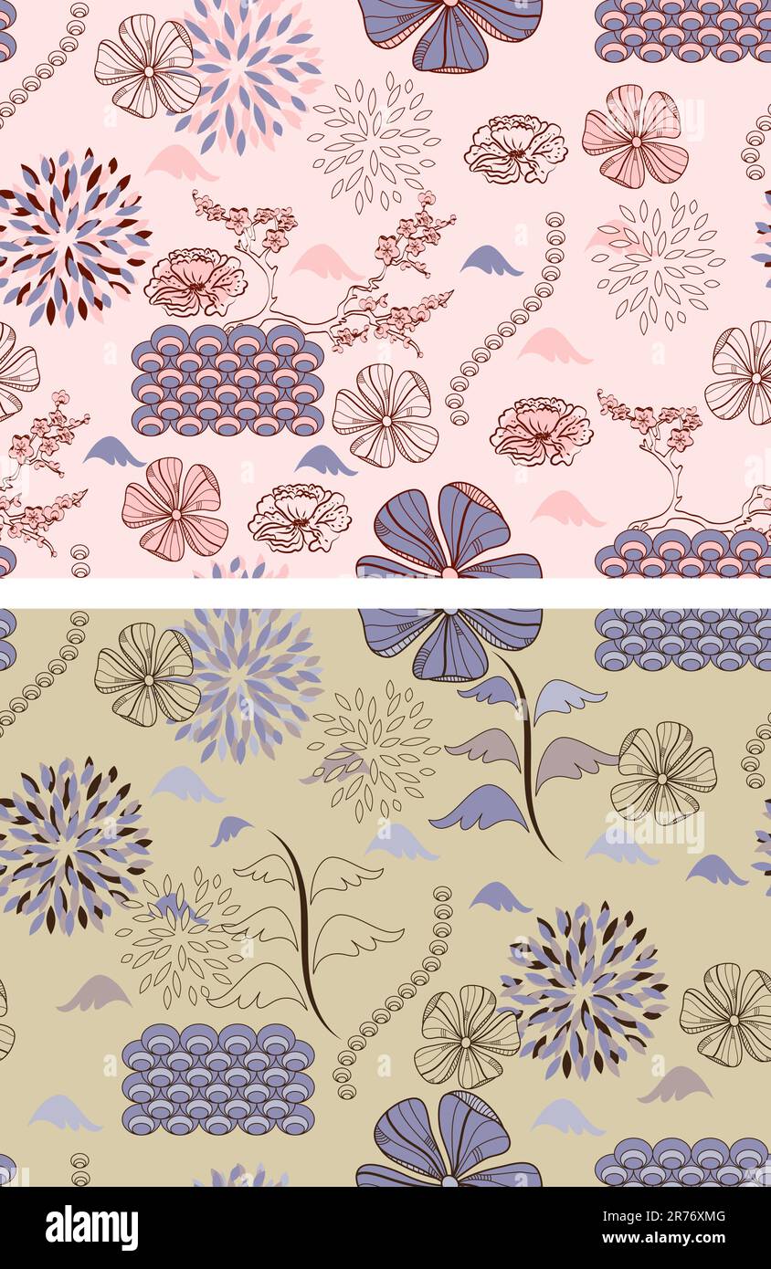 due motivi floreali primaverili senza cuciture in stile giapponese vettoriale, maschere di ritaglio Illustrazione Vettoriale