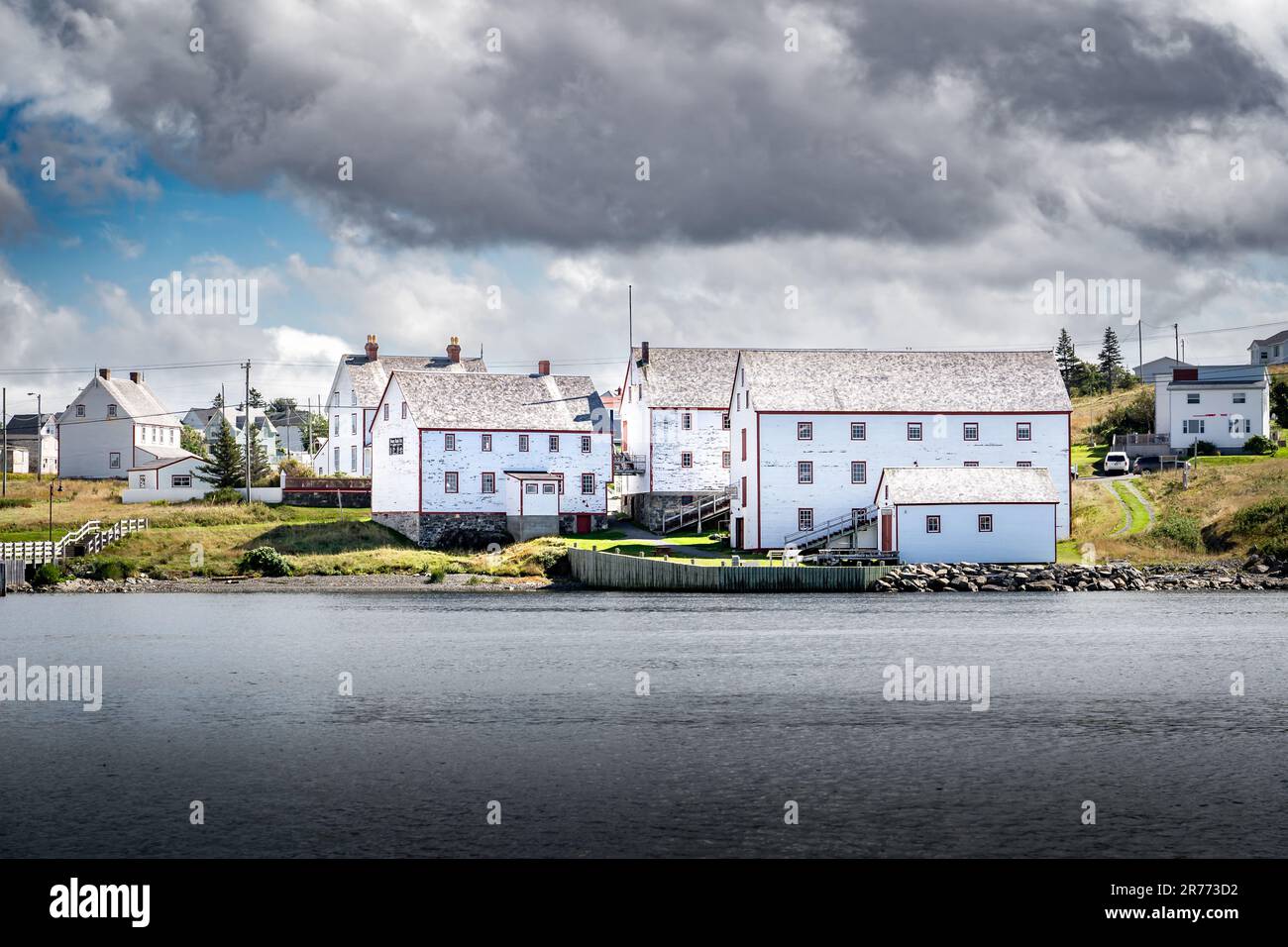 Il Ryan locali National Historic Site Atlantic pesca merluzzo attrazione turistica di edifici di legno bianco che si affaccia sulla città di Bonavista Terranova Foto Stock