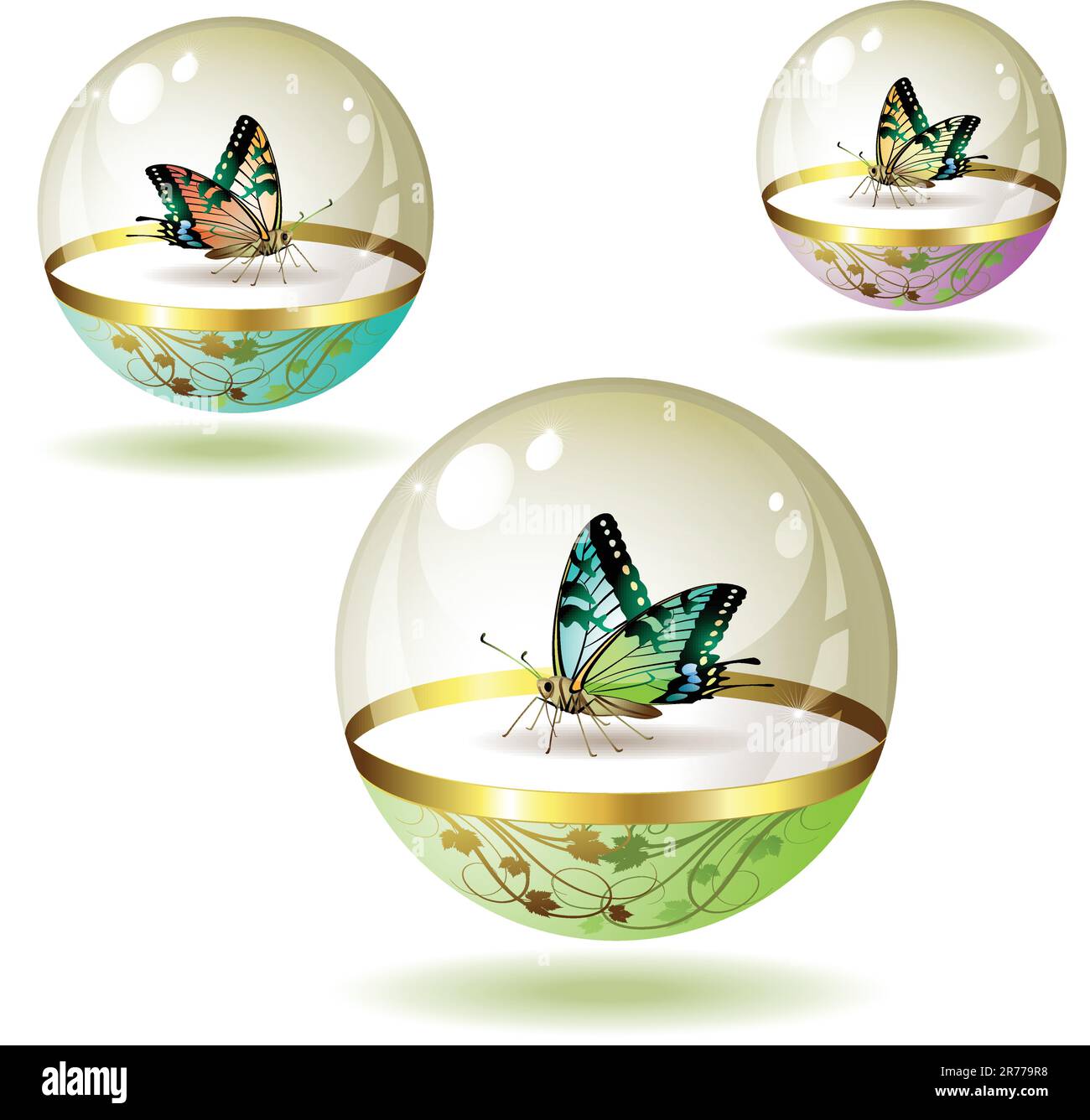 Collezione di farfalle isolata in globo di vetro su sfondo bianco, illustrazione vettoriale Illustrazione Vettoriale