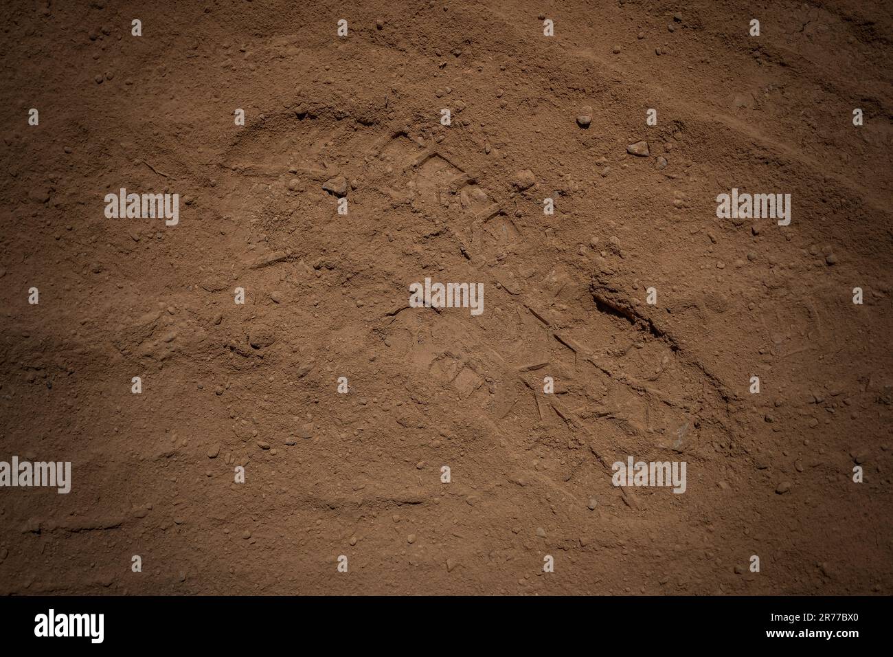 Footprint da uno stivale in una sabbia rossa per assommare alla superficie o Marte o esplorare la superficie di un pianeta Foto Stock