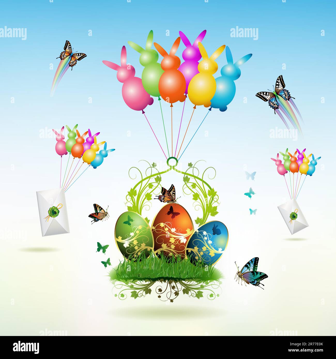 Easter card con farfalle e uova decorate su erba sollevata da palloncini Illustrazione Vettoriale