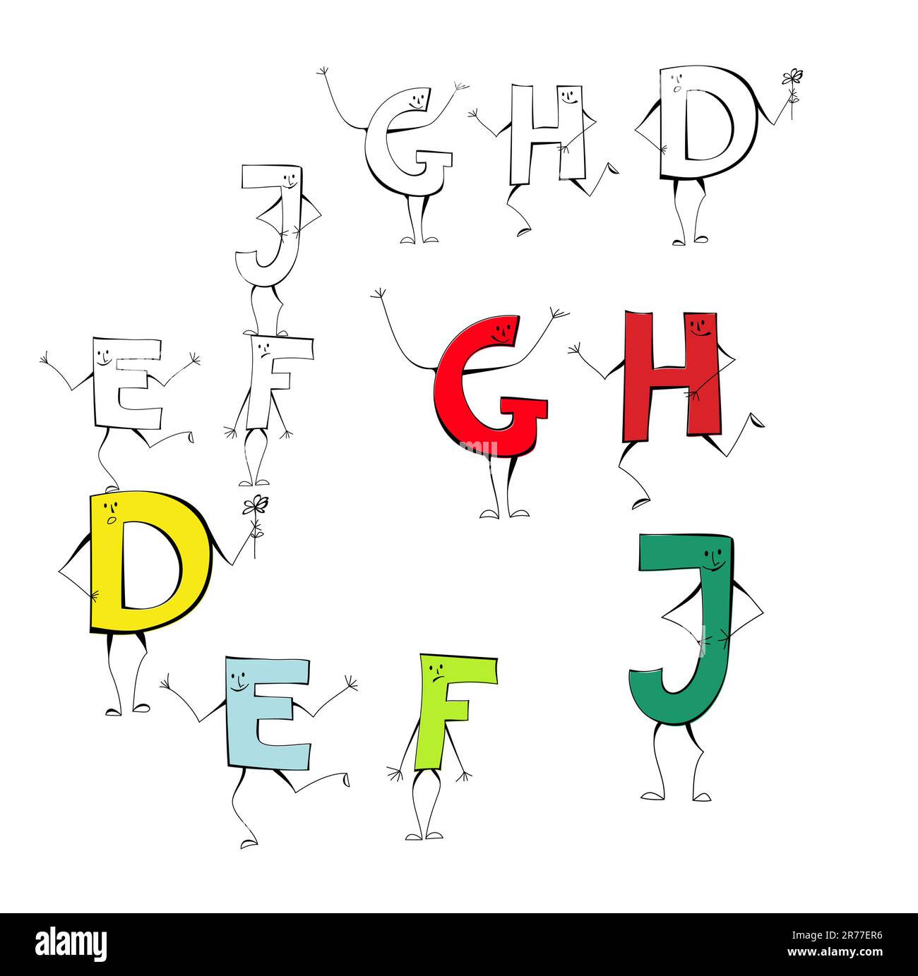 Set di lettere in stile cartoni animati e, F, J, G, H, D Illustrazione Vettoriale
