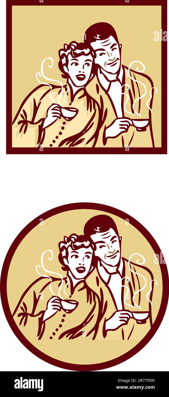 Poster per carte retrò con caffè o tè. Donna e uomo con tazza calda Illustrazione Vettoriale