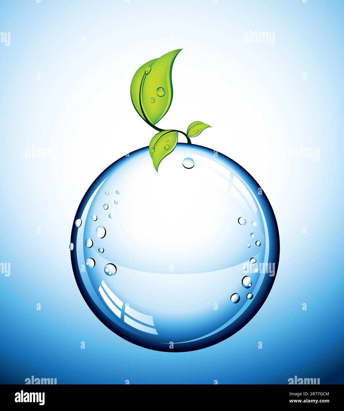 Immagine di una sfera di vetro blu con gocce d'acqua e foglie bagnate Illustrazione Vettoriale
