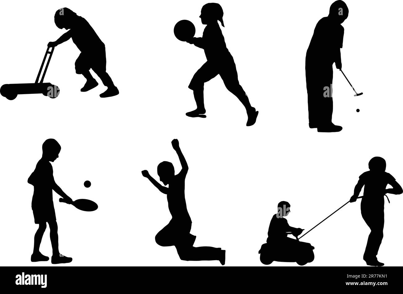 set di bambini con silhouette vettoriale che giocano con vari giocattoli per esterni Illustrazione Vettoriale