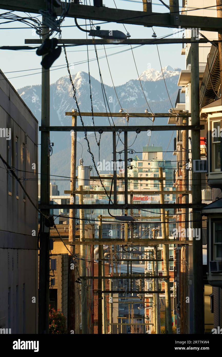 Pali di legno e cavi elettrici in alto in un vicolo, Vancouver, BC, Canada Foto Stock