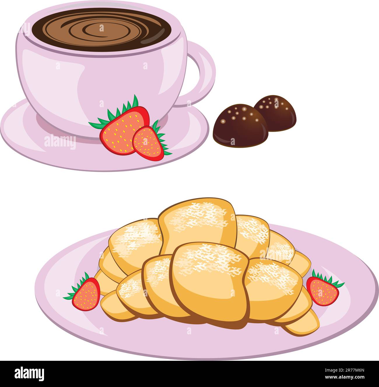 Colazione a base di caffè in tazza rotonda e croissant Illustrazione Vettoriale