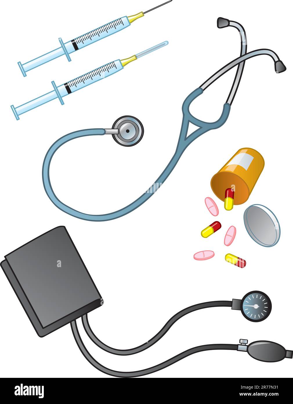 Una raccolta di forniture mediche, strumenti e farmaci comunemente utilizzati. Illustrazione Vettoriale