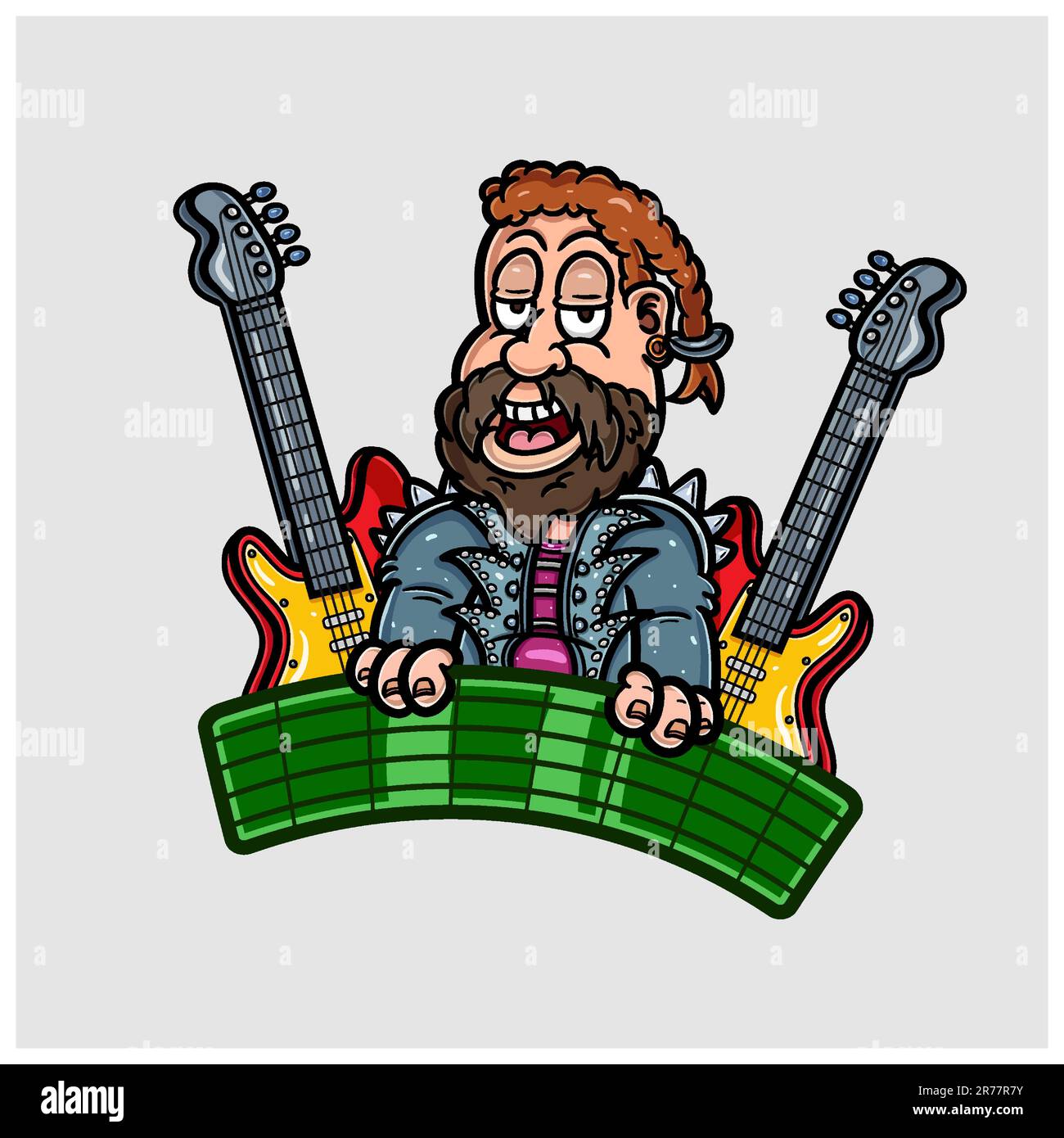 Cartoon Mascot di Bearded Boy con chitarra. Ottimo per Guitar Business. Illustrazione Vettoriale