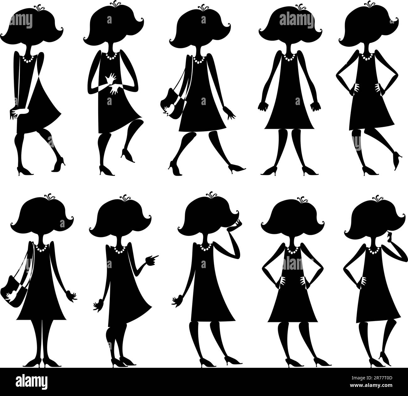 Le silhouette dei cartoni animati sono ambientate in diverse pose e azioni. Illustrazione Vettoriale