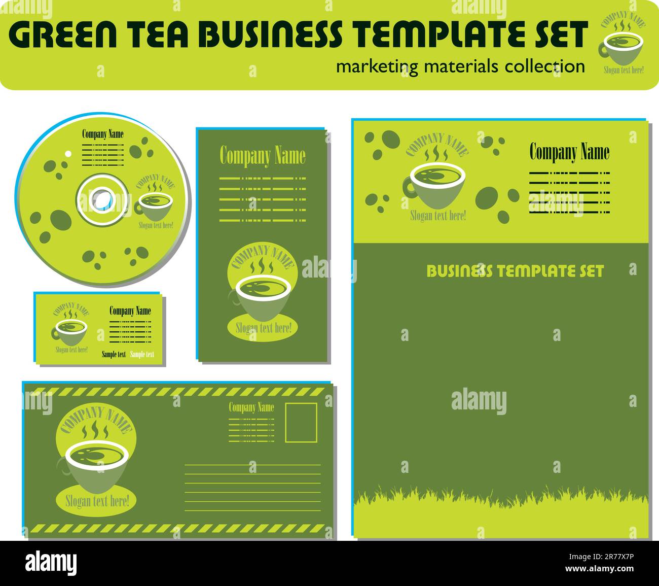 Materiali di marketing per il set di modelli per tè verde Illustrazione Vettoriale