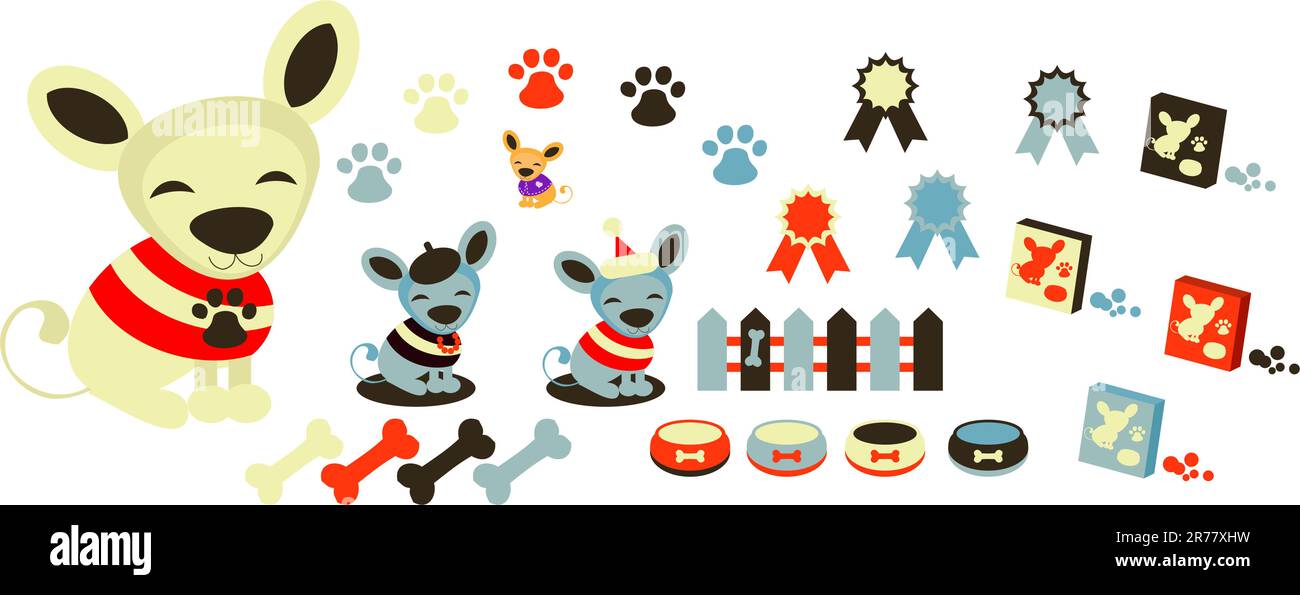 Set di icone per cani, animali domestici e accessori. Felice cucciolo di chihuahua Illustrazione Vettoriale