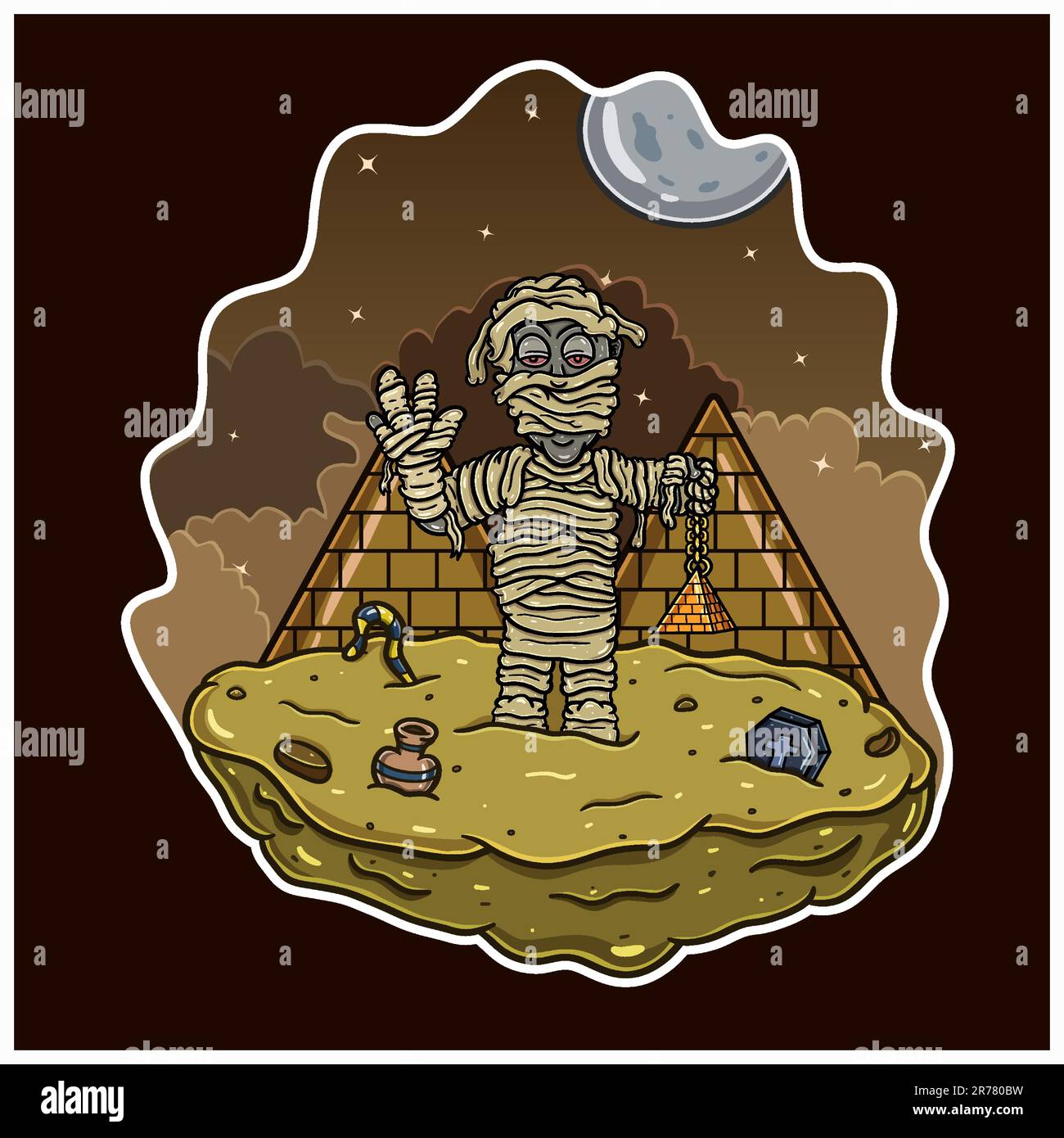 Cartoon Mascot di Halloween Mummy in Pyramid Night. Vettore e illustrazione. Illustrazione Vettoriale