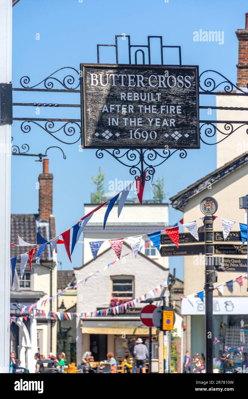Cartello Buttercross, Market Place, Bungay, Suffolk, Inghilterra, Regno Unito Foto Stock