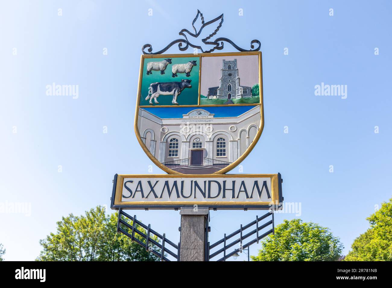 Cartello della città, Saxmundham, Suffolk, Inghilterra, Regno Unito Foto Stock