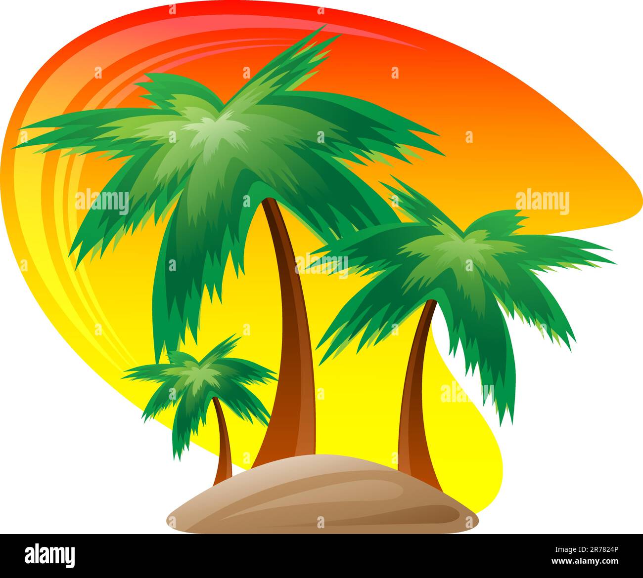 Palm Island al tramonto isolata su sfondo bianco. Illustrazione Vettoriale