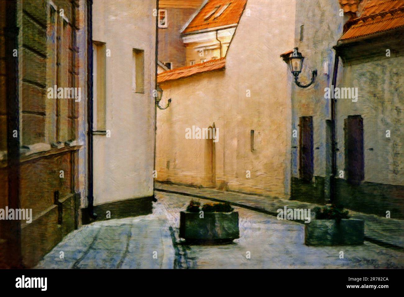 Strade strette nella città vecchia di Vilnius, Lituania Foto Stock