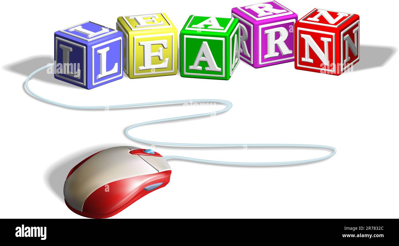 Il mouse collegati all'alfabeto lettera a blocchi che formano la parola imparare. Concetto per l'e-learning. Illustrazione Vettoriale