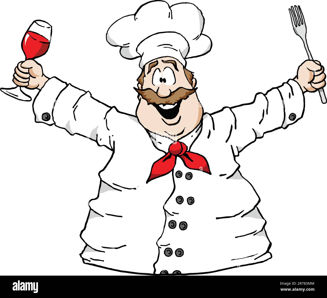 Illustrazione di uno chef felice che tiene un bicchiere di vino e una forchetta Illustrazione Vettoriale