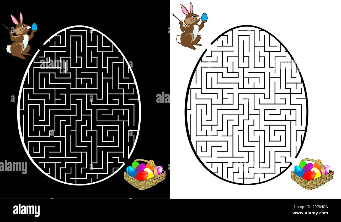 Il coniglio sta cercando le uova su sfondo blu e bianco Illustrazione Vettoriale