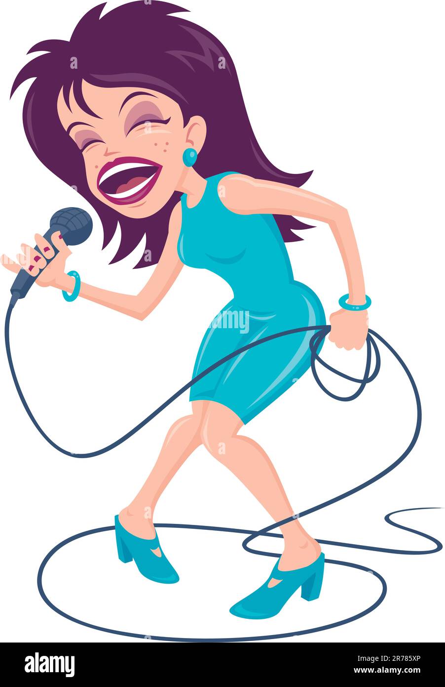 Vector cartoon illustrazione di una femmina di pop star cantante con una grande bocca e sciorinando una melodia a pieni polmoni. Illustrazione Vettoriale