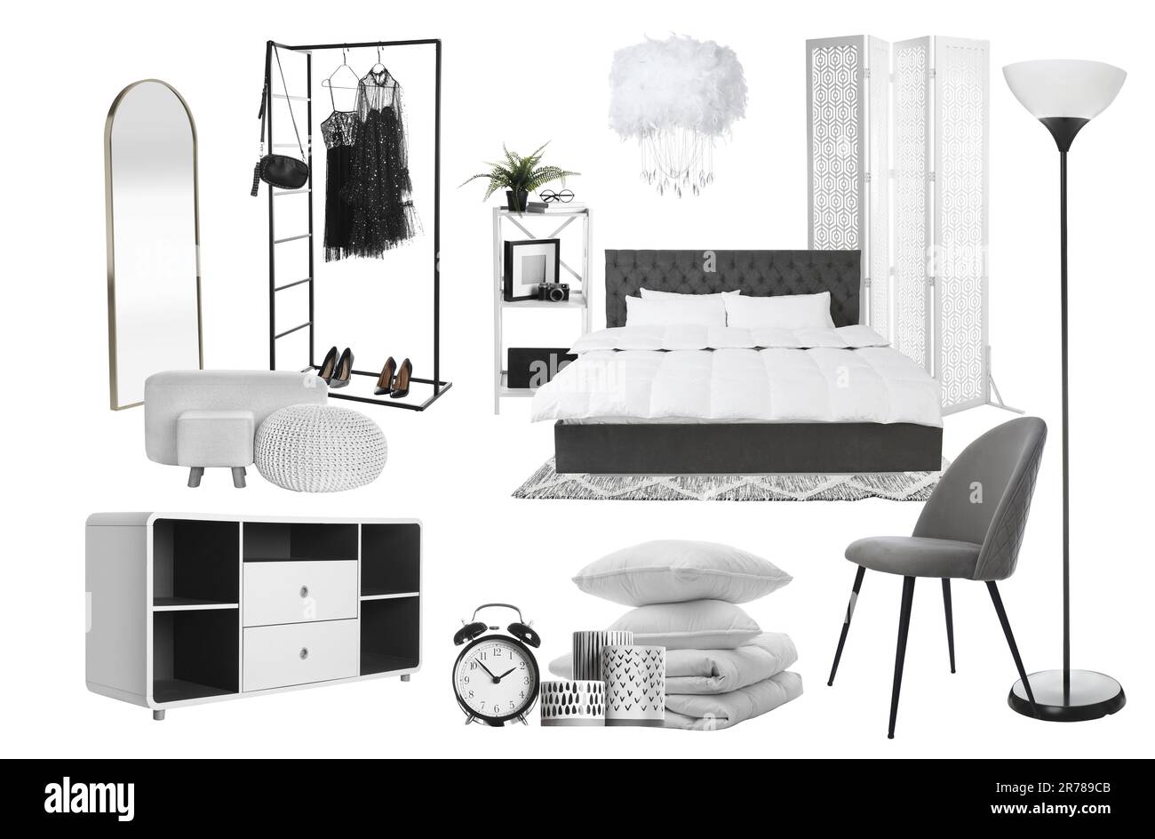 interno design moodboard con isolato moderno Camera da letto