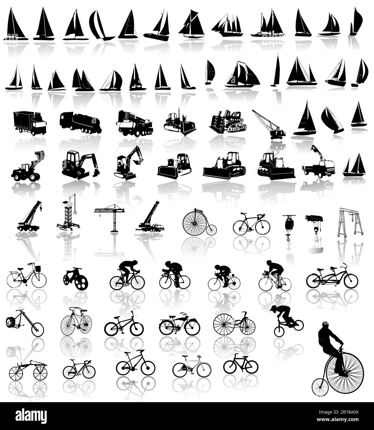 Illustrazione vettoriale di biciclette, yacht e veicoli da costruzione Illustrazione Vettoriale