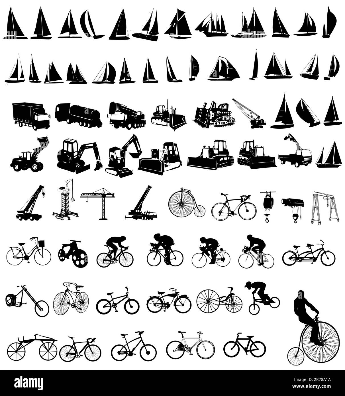 Illustrazione vettoriale di biciclette, yacht e veicoli da costruzione Illustrazione Vettoriale