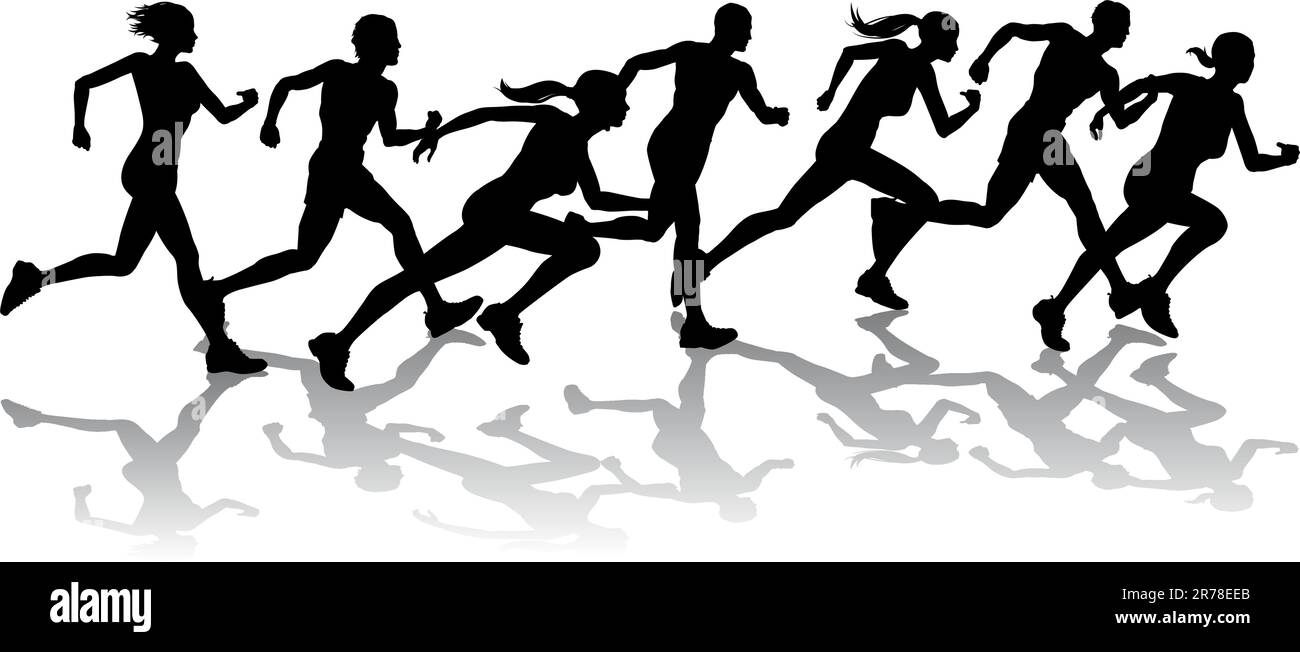 Silhouette di un gruppo di corridori racing con riflessioni Illustrazione Vettoriale
