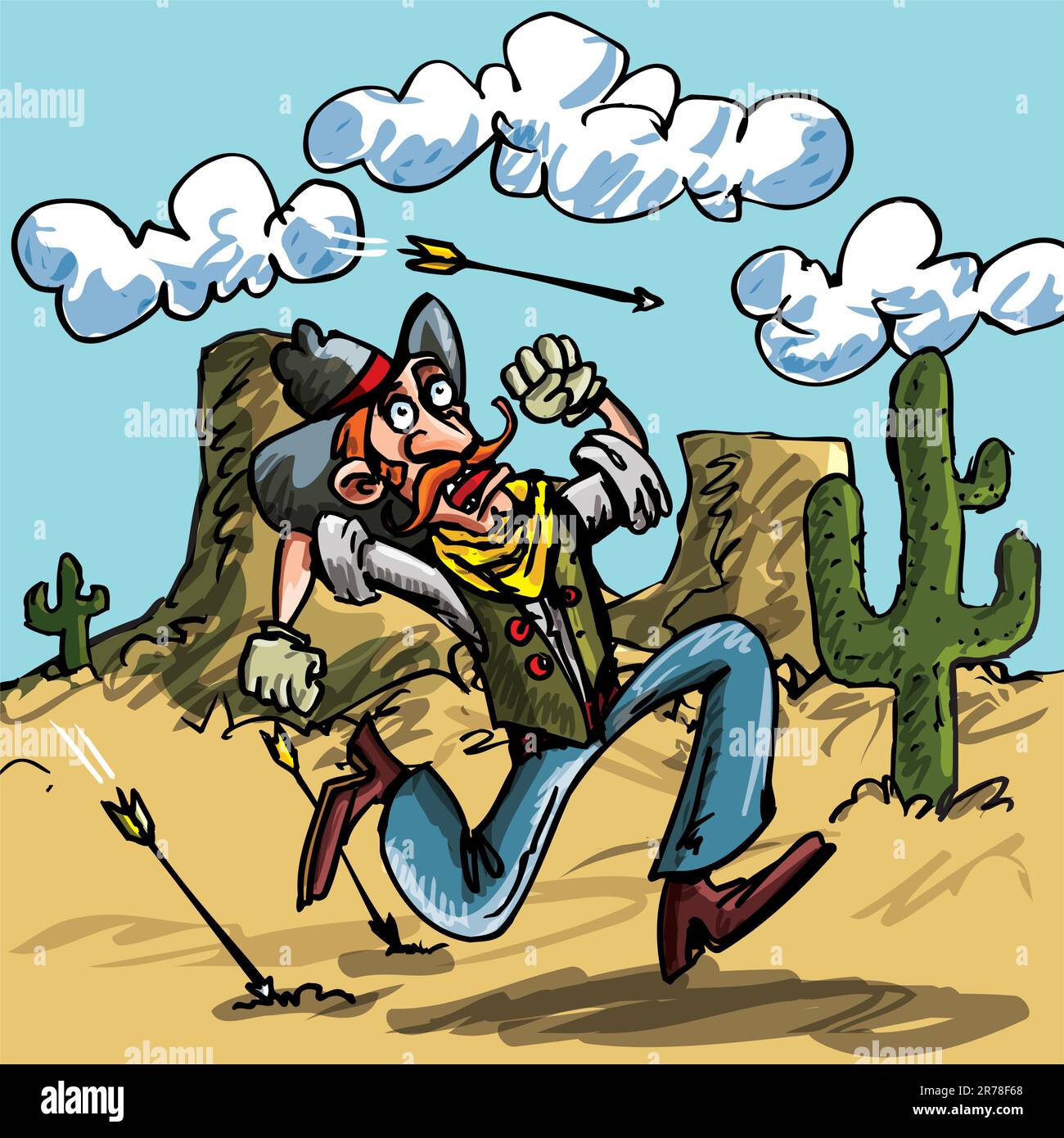 Cowboy dei cartoni animati che corre dalle frecce indiane. E' nel deserto, c'e' un cactus dietro di lui Illustrazione Vettoriale