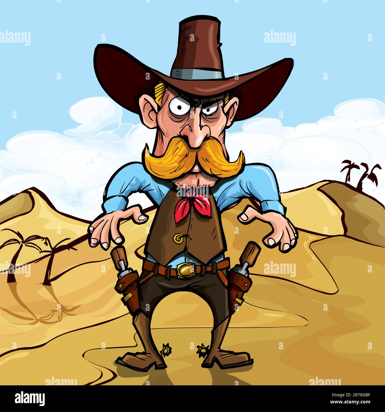 Cowboy dei cartoni animati pronto a tirare le sue pistole in uno scontro a fuoco. È nel deserto Illustrazione Vettoriale