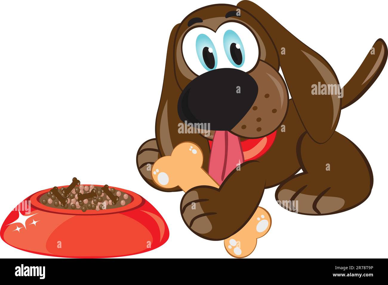 Illustrazione di un cartone animato cane con un osso e ciotola Illustrazione Vettoriale
