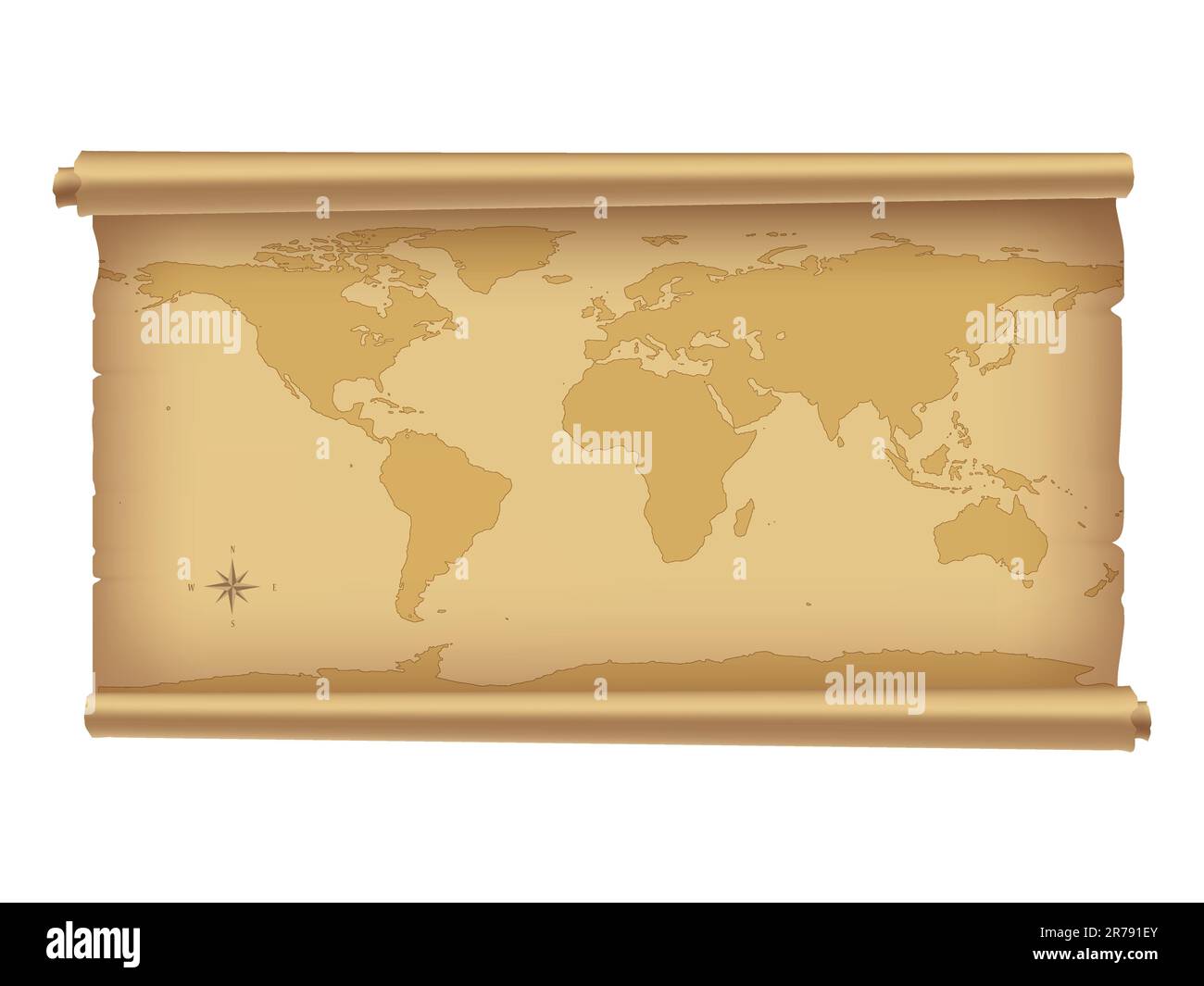 Pergamena con mappa del mondo isolata su bianco. | illustrazione vettoriale. | contiene mesh sfumata. Illustrazione Vettoriale