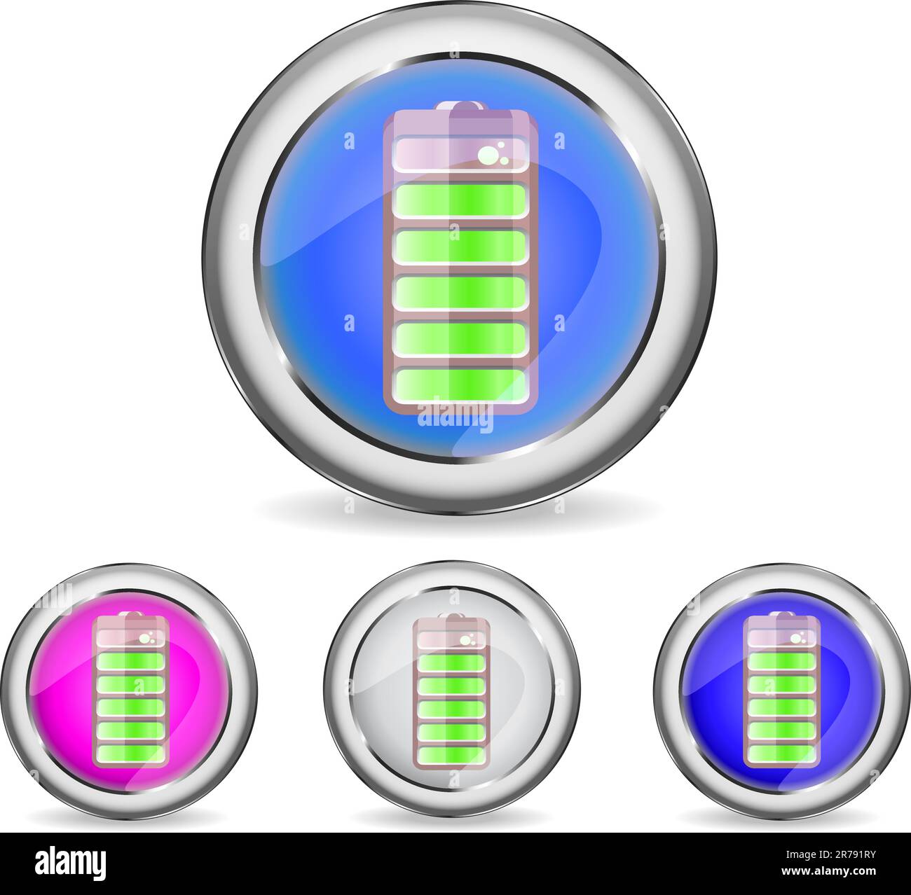set di pulsanti rotondi e luminosi con icona della batteria isolata su sfondo bianco Illustrazione Vettoriale