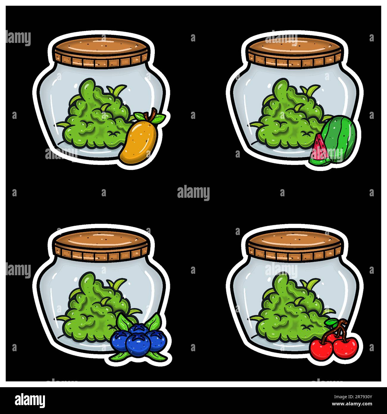 Sapore di mango, cocomero, mirtillo e ciliegia. Set di gemme di Weed sul vaso con gradiente semplice. Vettore e illustrazione. Illustrazione Vettoriale
