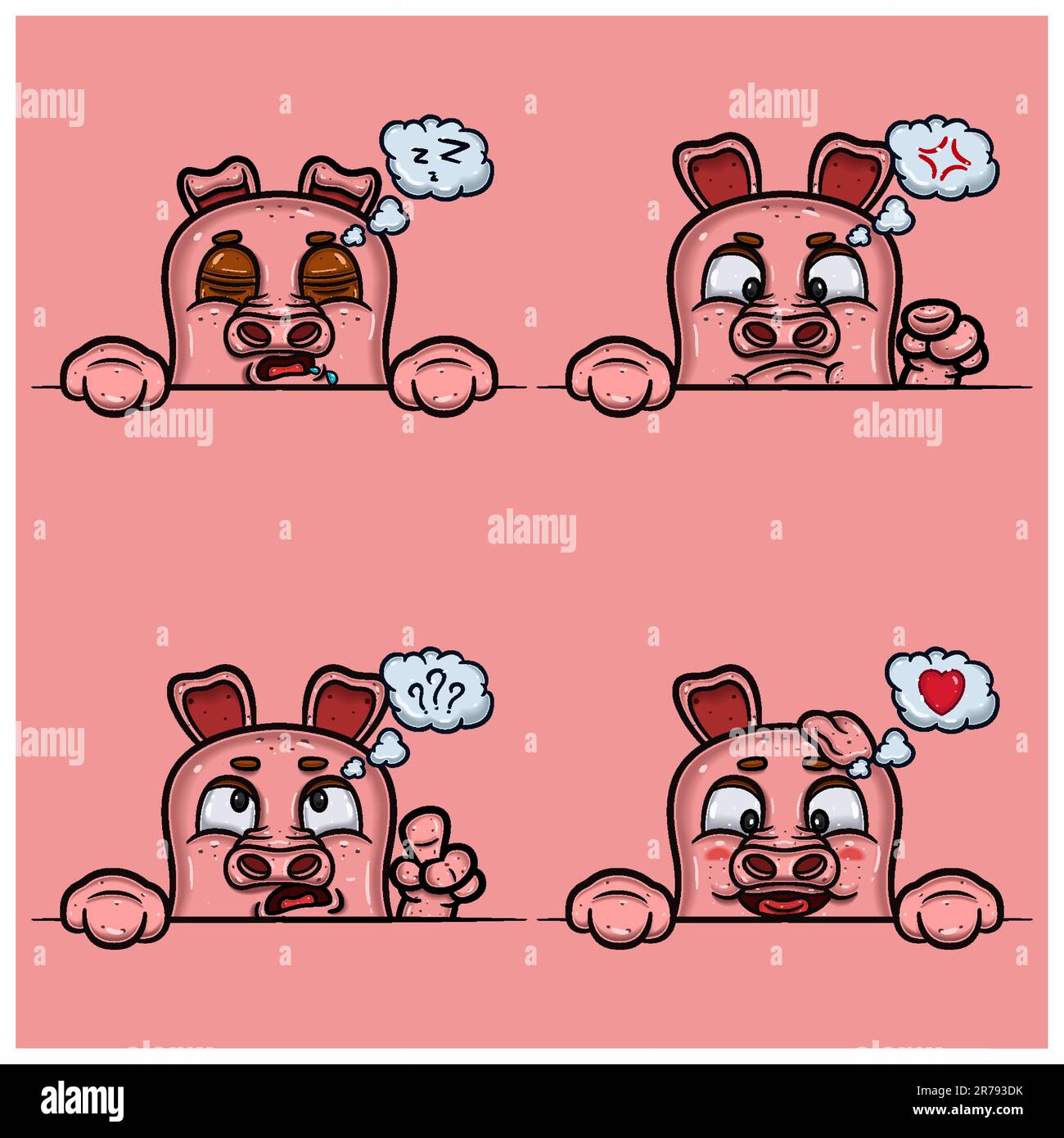 Set di espressione maiali cartone animato. Dormire, arrabbiato, confuso e amorevole espressione del volto. Con gradiente semplice. Vettore e illustrazione. Illustrazione Vettoriale