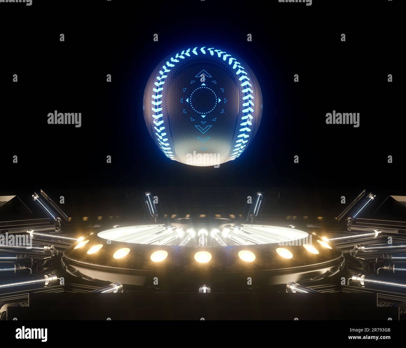 Un concetto sportivo futuristico di una palla da baseball illuminata con marcature al neon che galleggiano sopra un palcoscenico futuristico al neon - render 3D Foto Stock