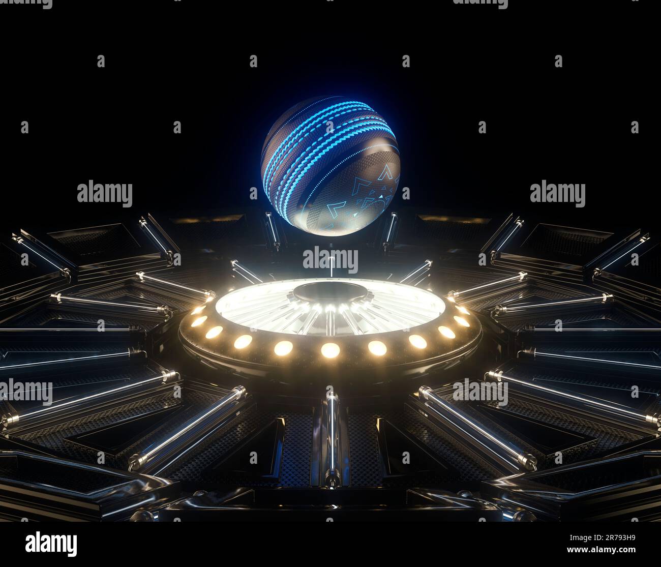 Un concetto sportivo futuristico di una palla da cricket illuminata con marcature al neon che galleggiano sopra un palcoscenico futuristico al neon - render 3D Foto Stock