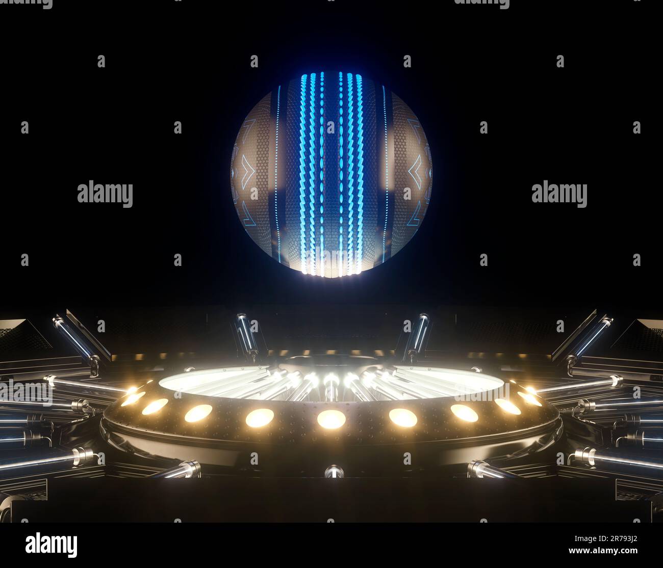 Un concetto sportivo futuristico di una palla da cricket illuminata con marcature al neon che galleggiano sopra un palcoscenico futuristico al neon - render 3D Foto Stock
