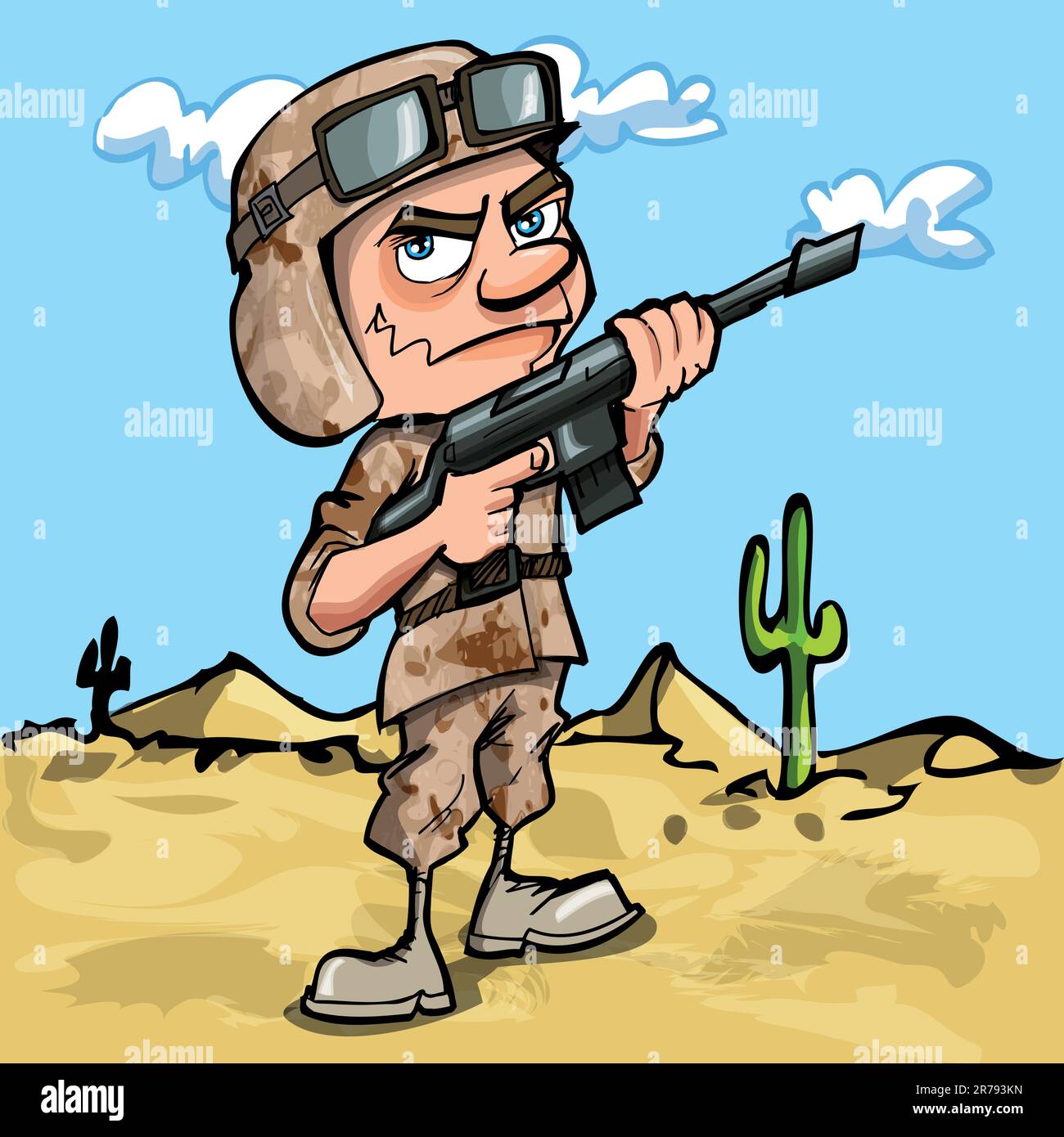 Cartoon soldato nel deserto. Egli ha un fucile automatico Illustrazione Vettoriale