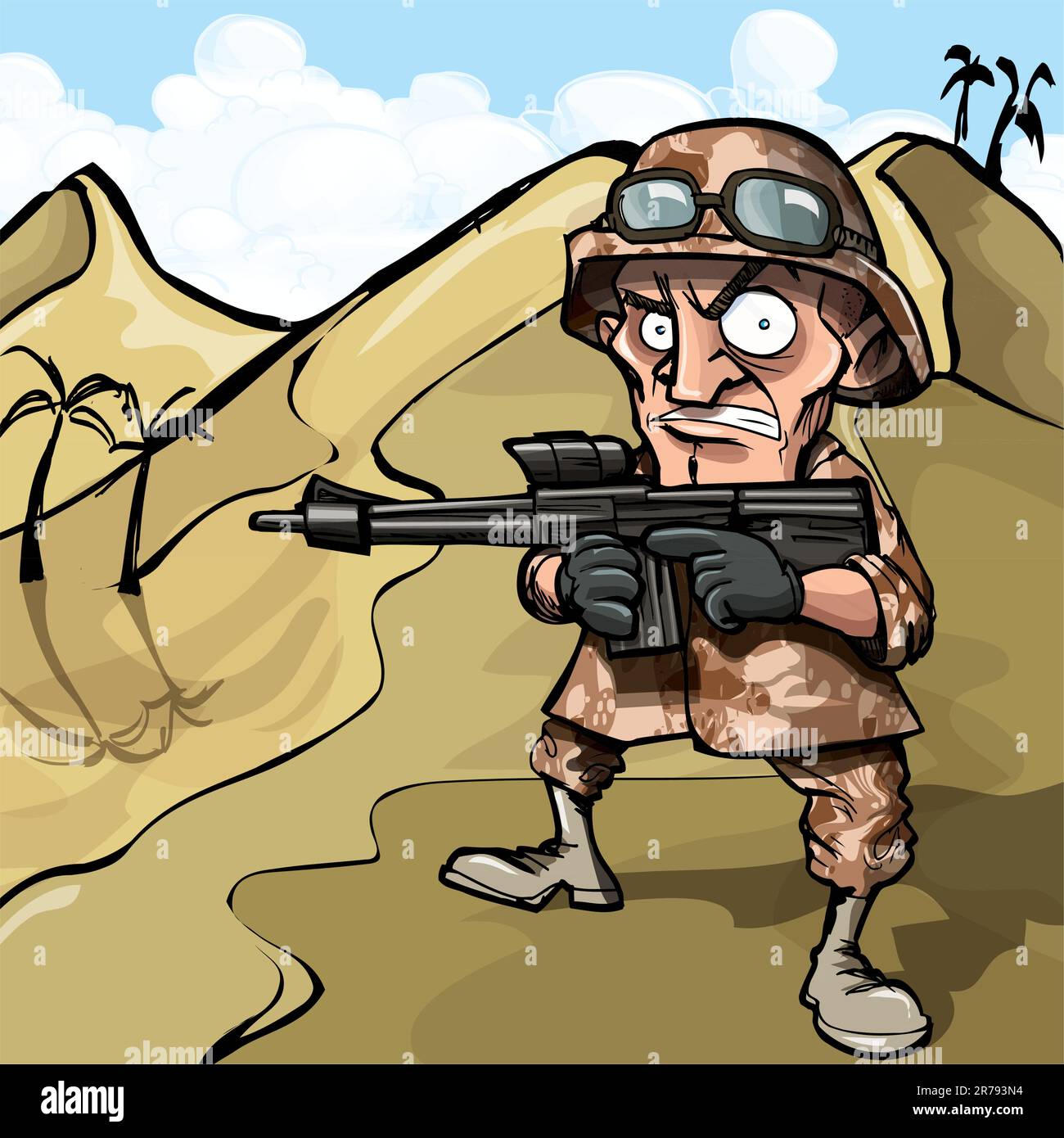 Cartoon soldato nel deserto. Egli ha un fucile automatico Illustrazione Vettoriale