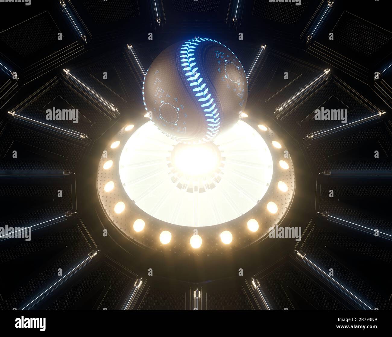 Un concetto sportivo futuristico di una palla da baseball illuminata con marcature al neon che galleggiano sopra un palcoscenico futuristico al neon - render 3D Foto Stock