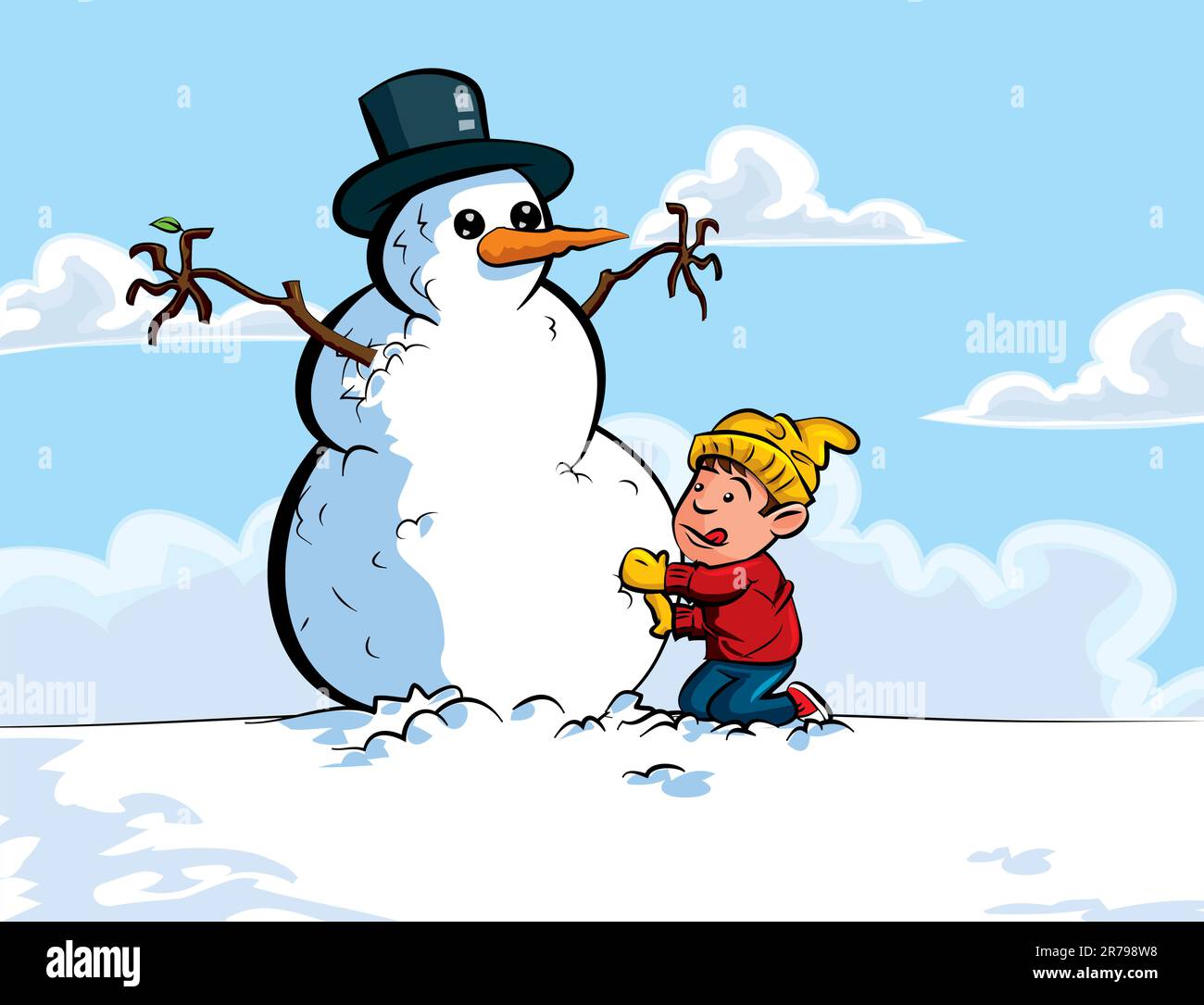 Cartoon di boy costruire un pupazzo di neve. Un cielo blu in background Illustrazione Vettoriale