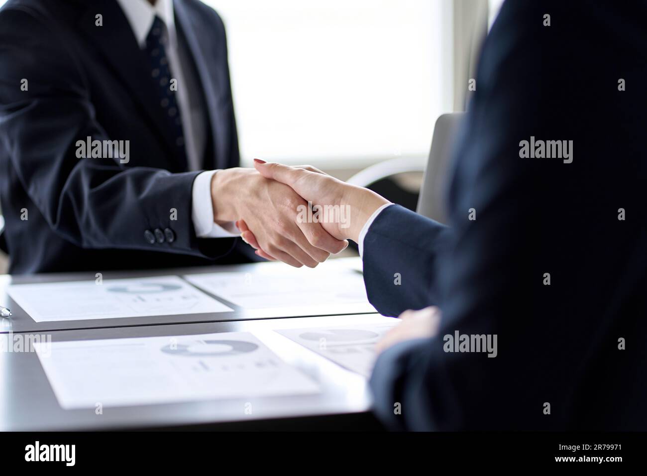 Mani di uomini e donne uomini d'affari che scuotono le mani Foto Stock