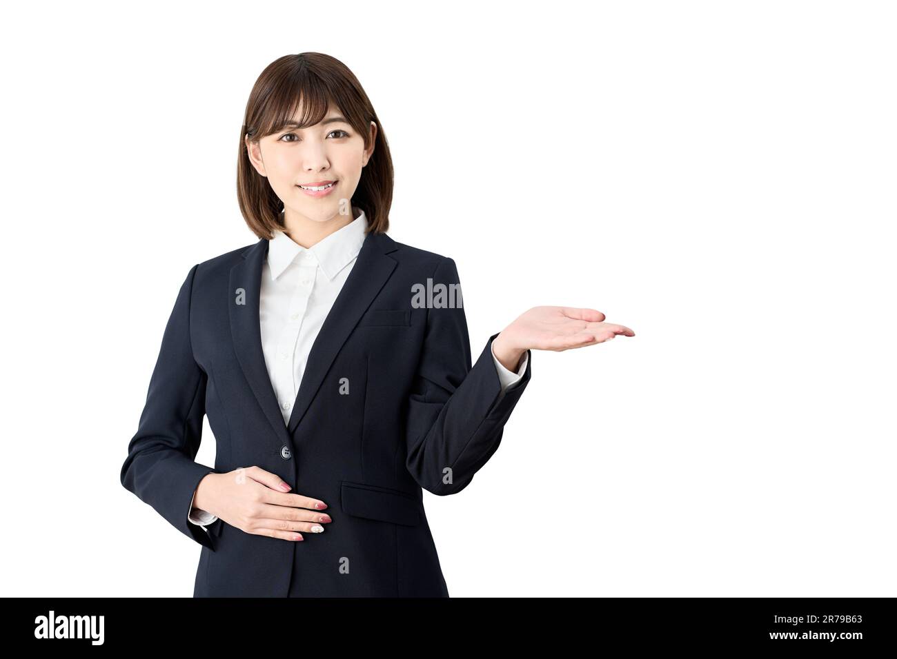 Donna asiatica d'affari fare un'introduzione su sfondo bianco Foto Stock