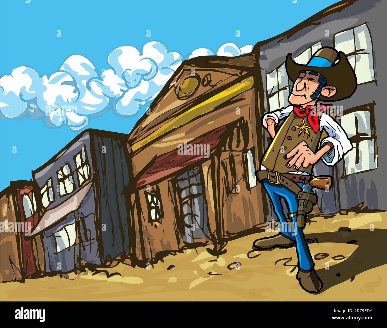 Cowboy dei cartoni animati in una vecchia città occidentale che guarda in fondo alla strada Illustrazione Vettoriale